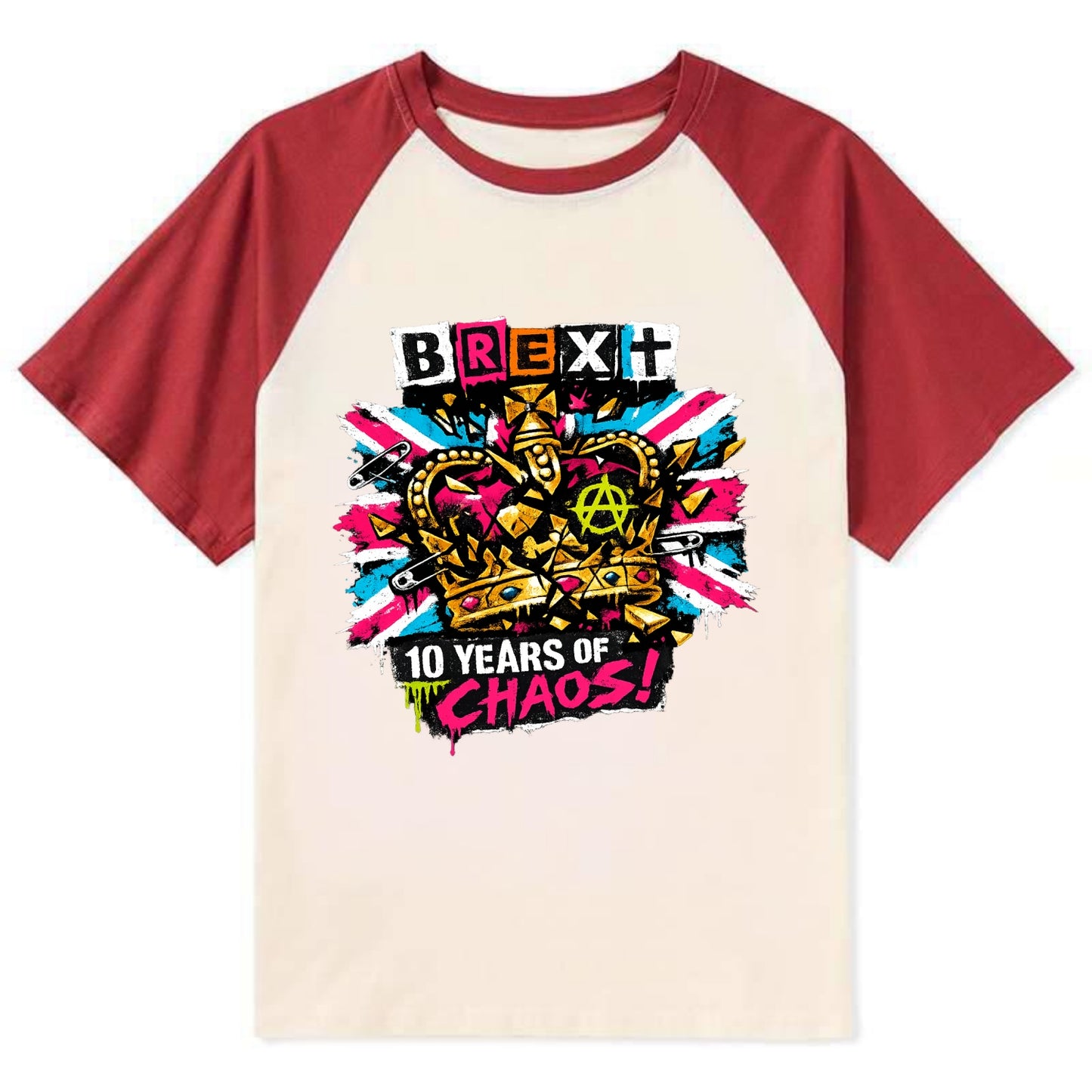 BROKEN CROWN | Shattered British crown | Gold fragments scattered | Power - Contrast Raglan T-shirt - Red