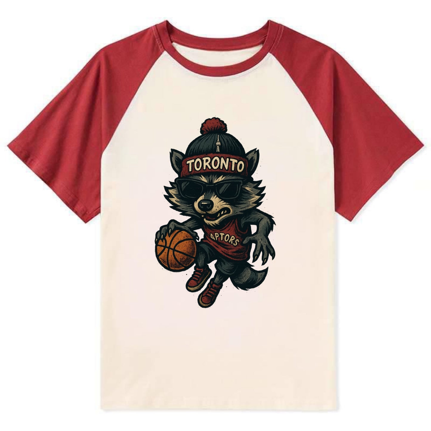 Toronto Raccoon wearing Raptors beanie with CN Tower patch and wayfarer - Contrast Raglan T-shirt - Red