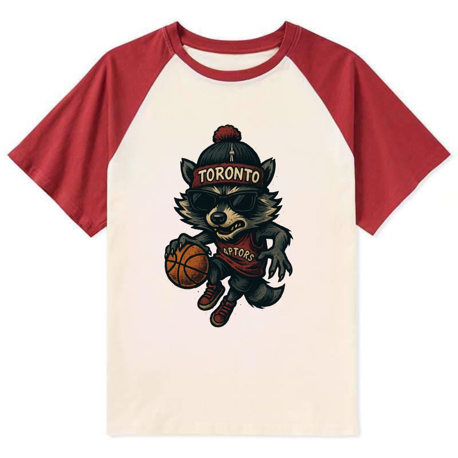 Toronto Raccoon wearing Raptors beanie with CN Tower patch and wayfarer - Contrast Raglan T-shirt - Red