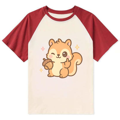 sweet squirrel holding acorn in one paw, flipping off with the other - Contrast Raglan T-shirt - Red