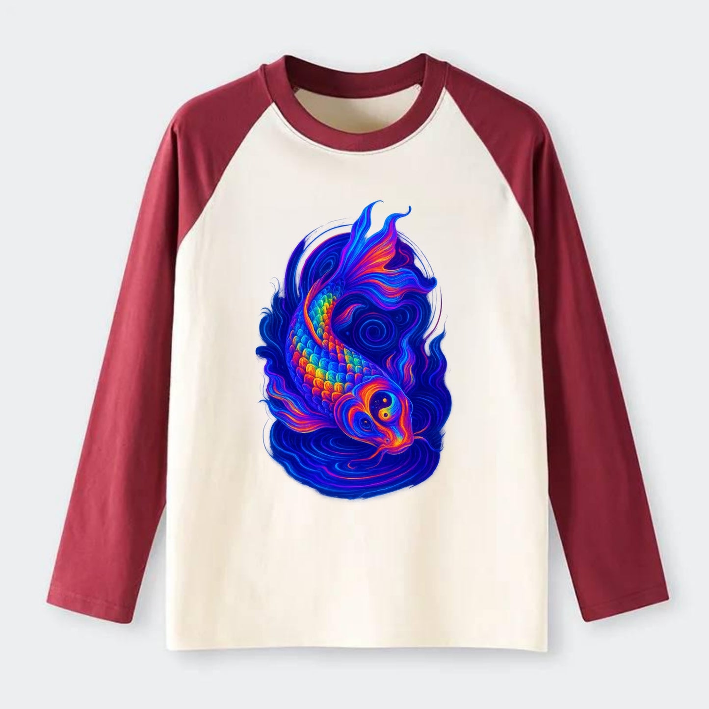Sacred koi with scales reflecting rainbow prisms, yin-yang patterns in - Raglan Long Sleeve T-Shirt - Red