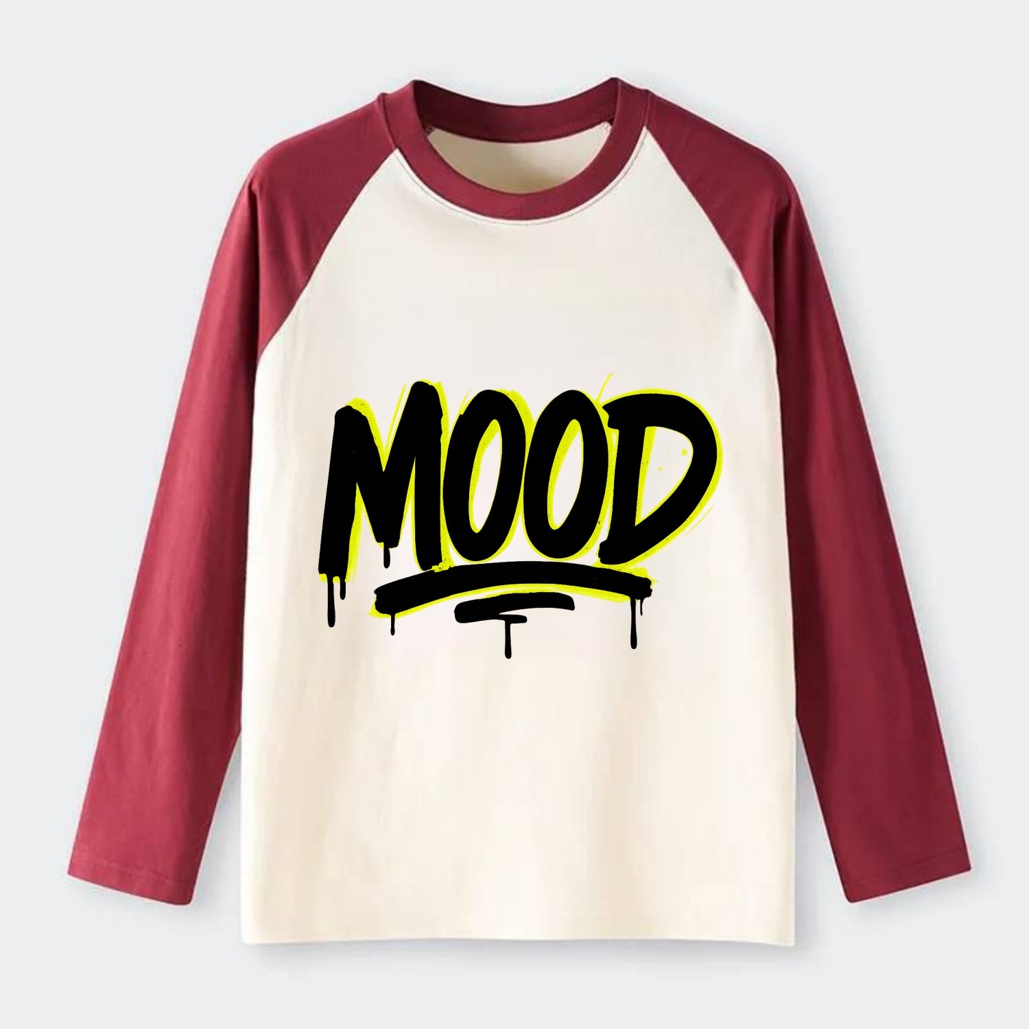 Bold typography design - "MOOD" - current state, feeling it - Raglan Long Sleeve T-Shirt - Red