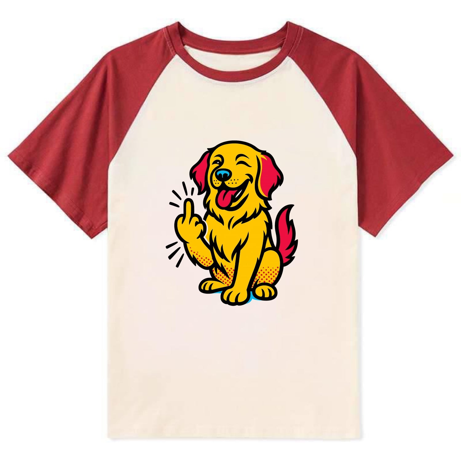 Golden Retriever with happy smile and golden coat, fluffy paw raised - Contrast Raglan T-shirt - Red