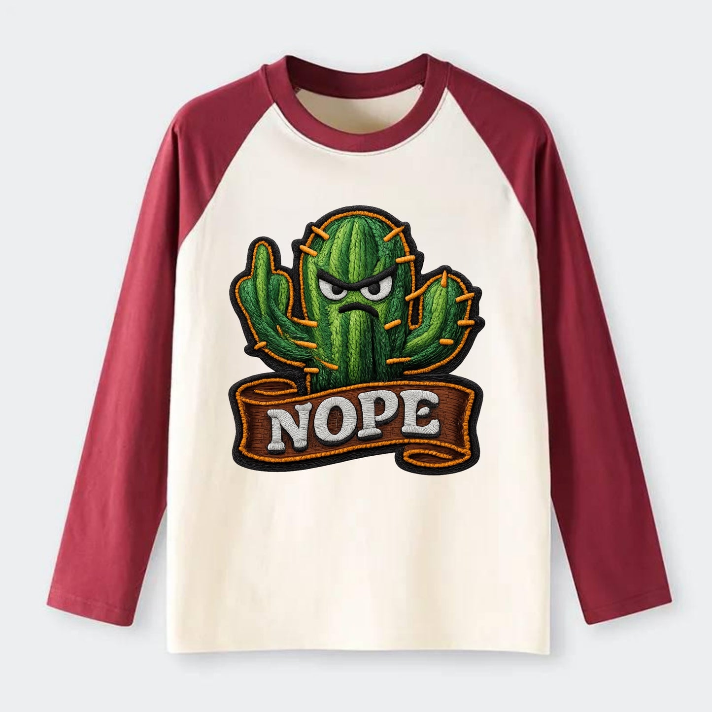 NOPE CACTUS - cactus with attitude in green , prickly personality - Raglan Long Sleeve T-Shirt - Red