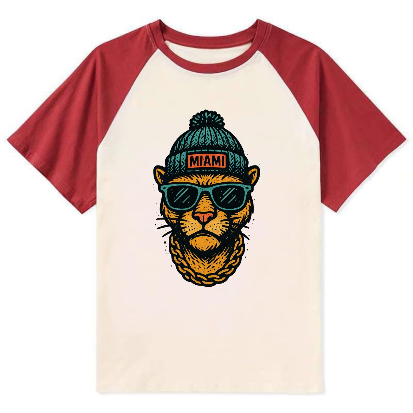 Florida Panther wearing Miami beanie with pom pom and wayfarer sunglasses - Contrast Raglan T-shirt - Red