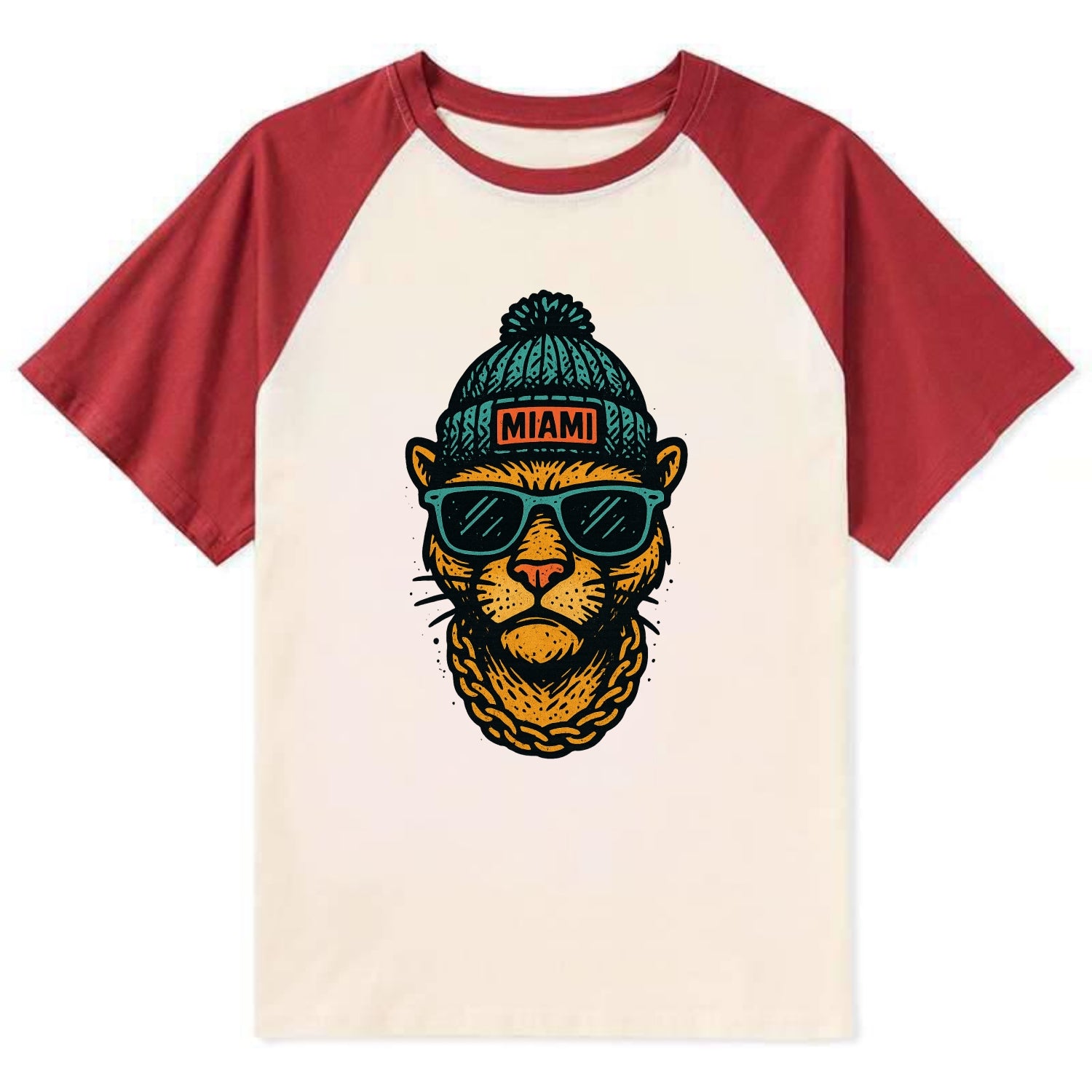 Florida Panther wearing Miami beanie with pom pom and wayfarer sunglasses - Contrast Raglan T-shirt - Red