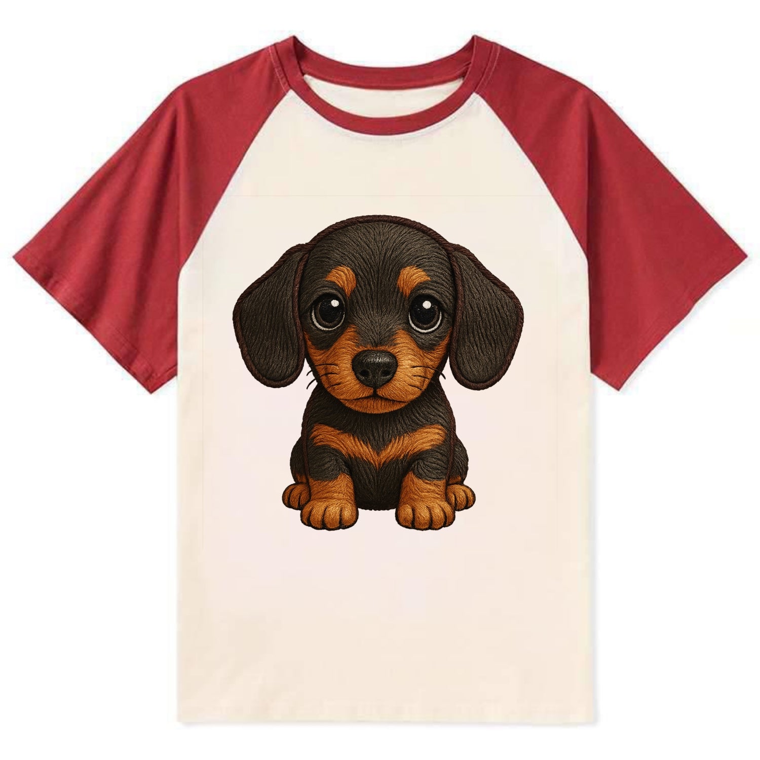Baby Dachshund Puppy - long body, short legs, floppy ears, curious eyes, - Contrast Raglan T-shirt - Red