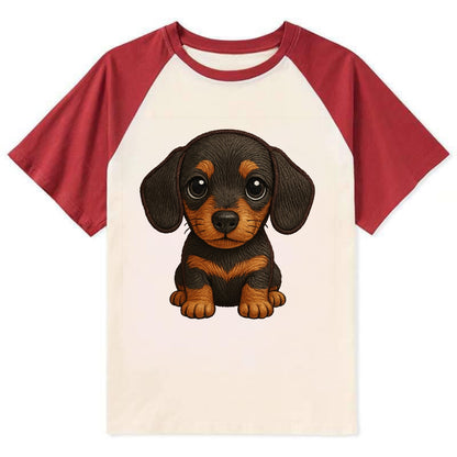 Baby Dachshund Puppy - long body, short legs, floppy ears, curious eyes, - Contrast Raglan T-shirt - Red