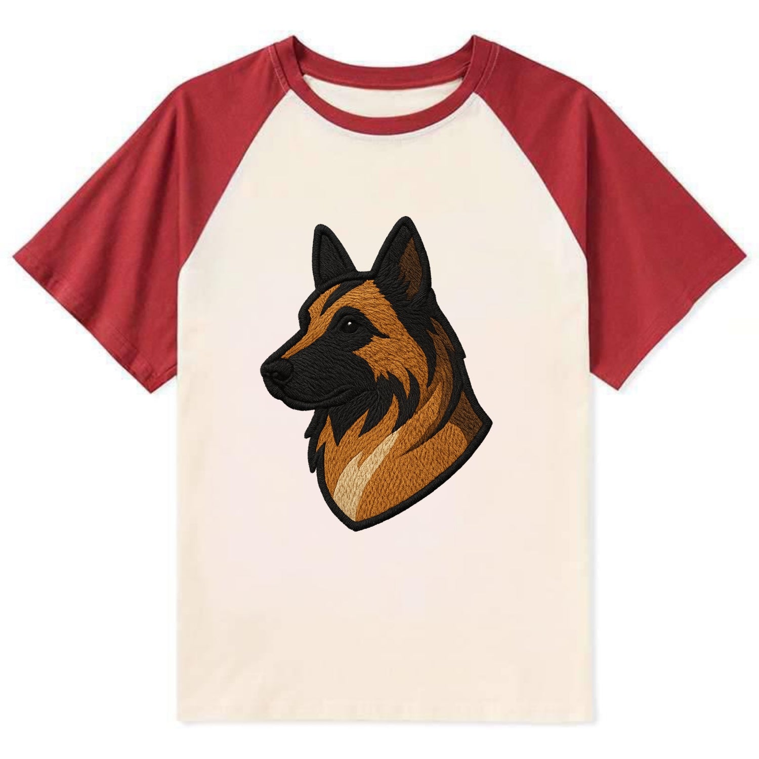 Belgian Tervuren - Fawn with black overlay embroidered design - Contrast Raglan T-shirt - Red