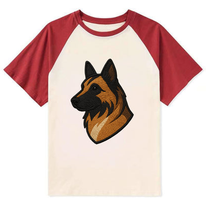 Belgian Tervuren - Fawn with black overlay embroidered design - Contrast Raglan T-shirt - Red