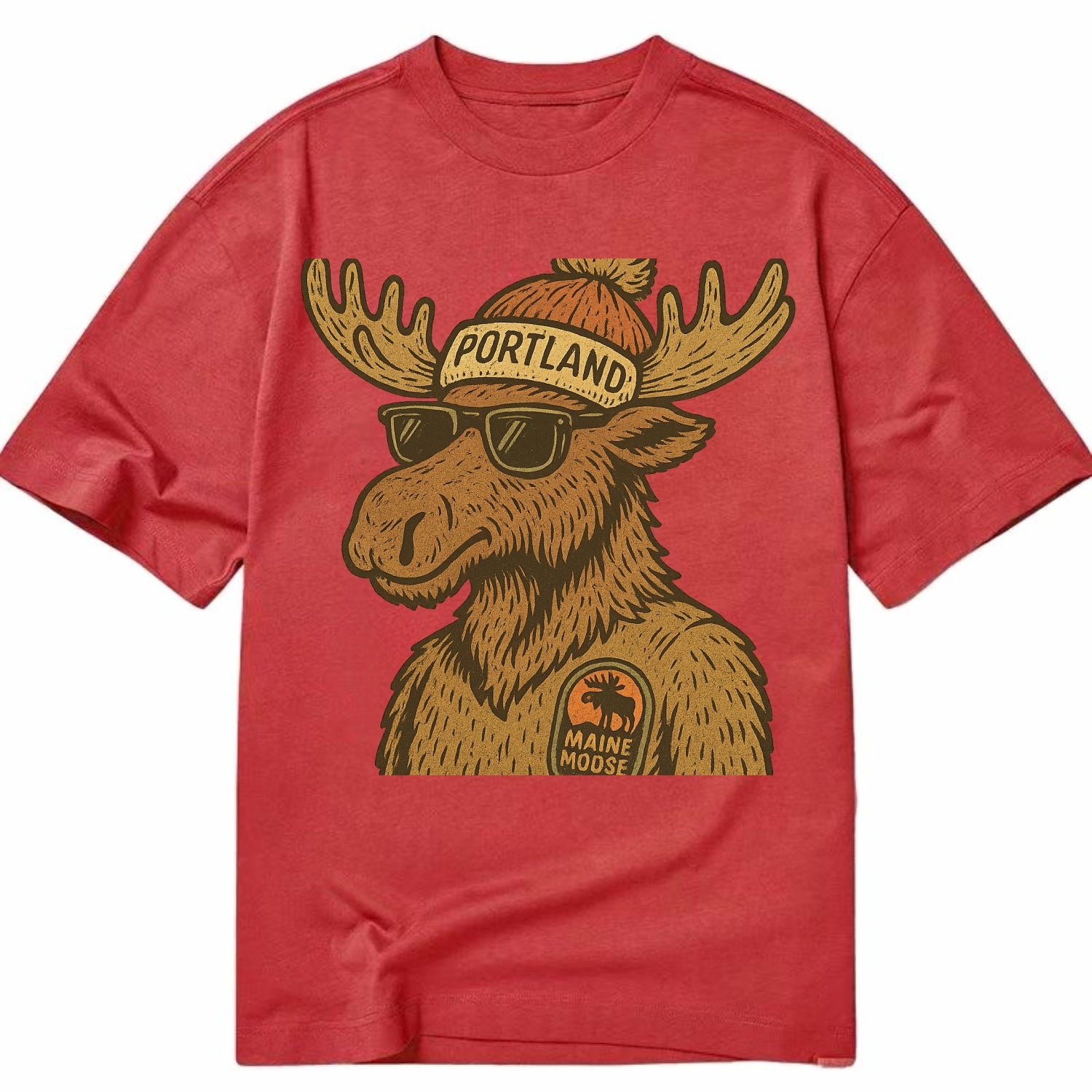 Maine Moose wearing Portland beanie with pom pom and wayfarer sunglasses - Classic T-shirt - Red