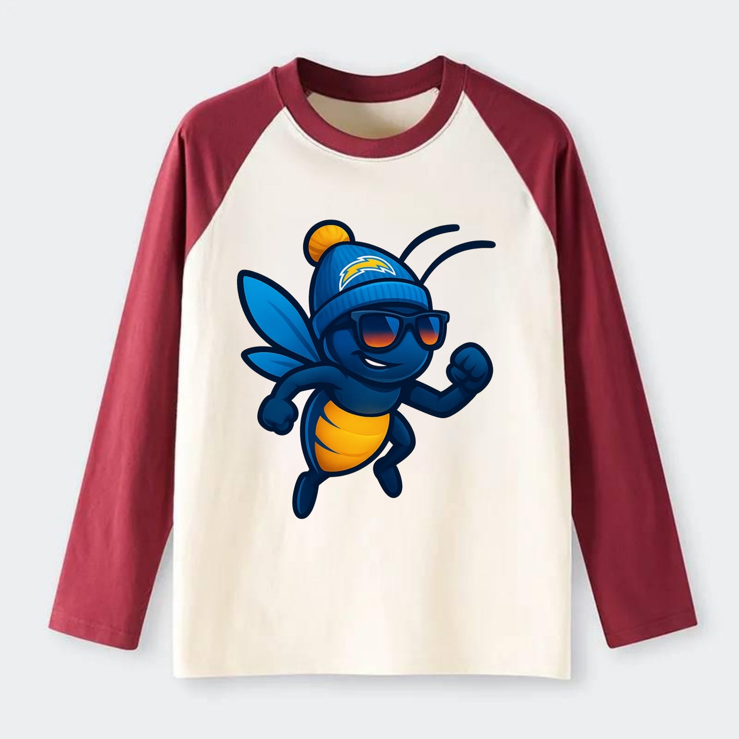 LA Lightning Bug wearing Chargers powder blue and gold beanie with pom - Raglan Long Sleeve T-Shirt - Red