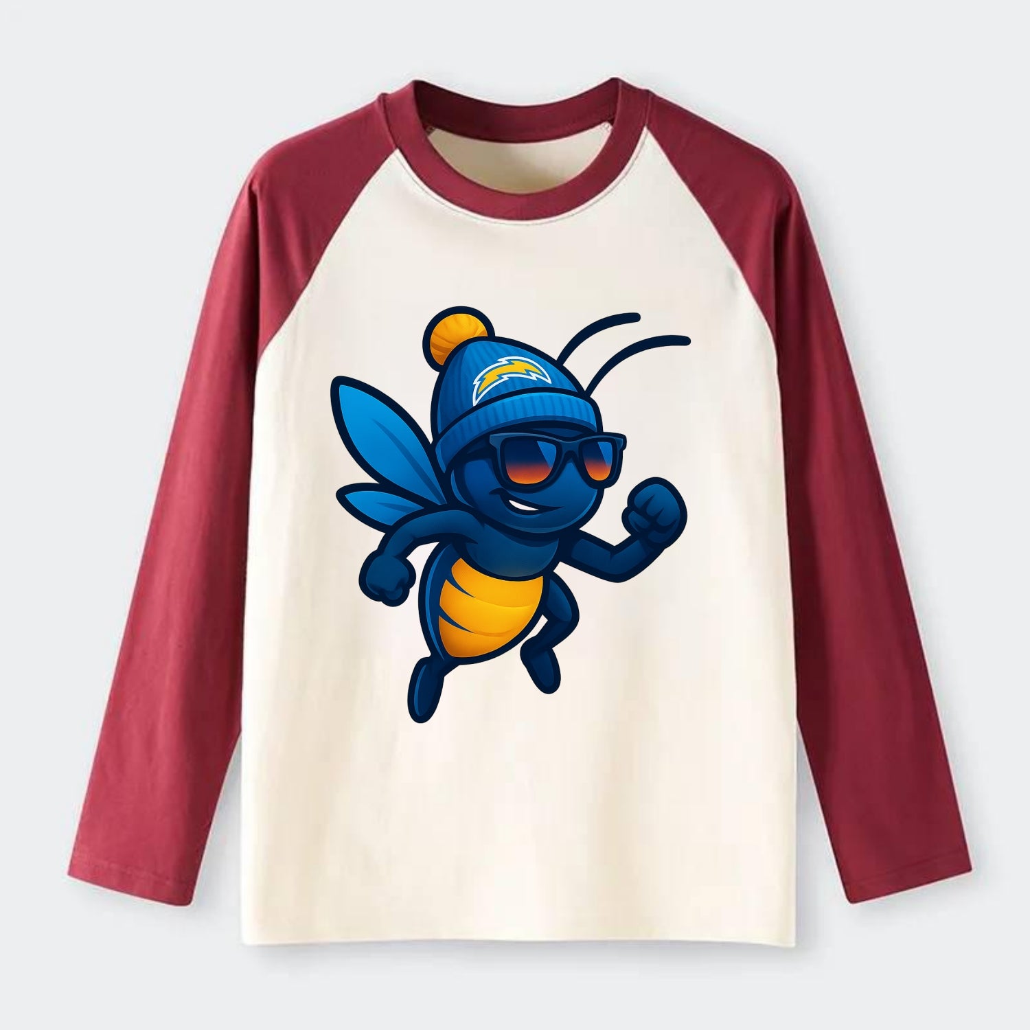 LA Lightning Bug wearing Chargers powder blue and gold beanie with pom - Raglan Long Sleeve T-Shirt - Red