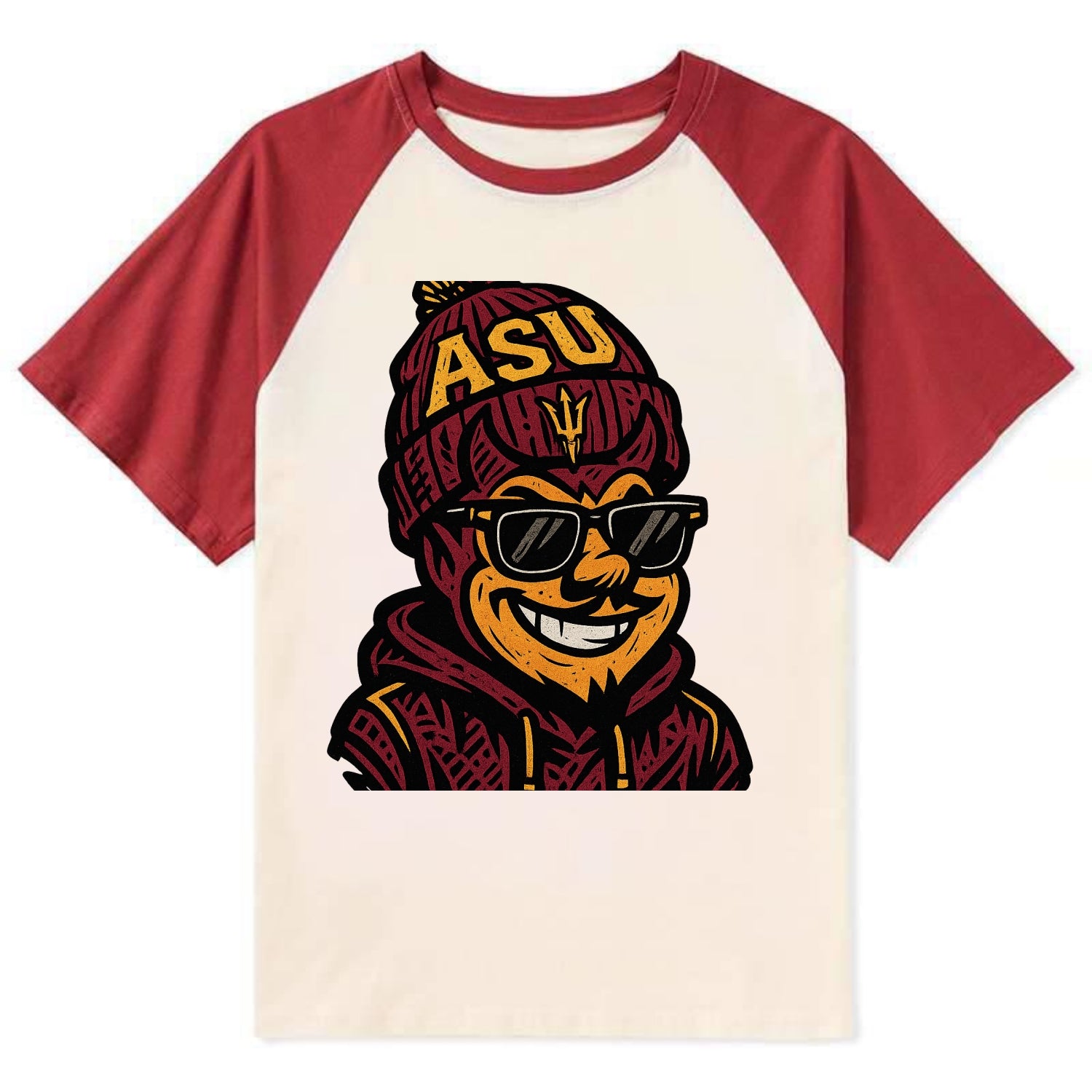 Tempe Sparky wearing Arizona State beanie with fork patch - Contrast Raglan T-shirt - Red