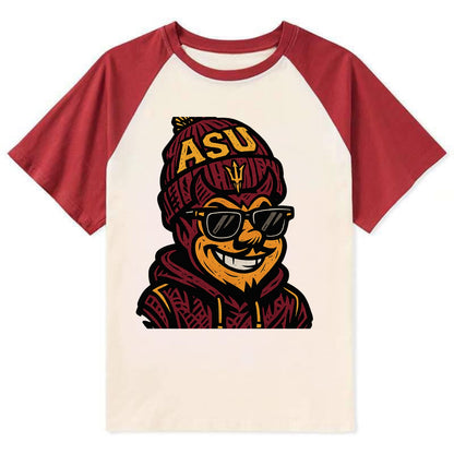 Tempe Sparky wearing Arizona State beanie with fork patch - Contrast Raglan T-shirt - Red