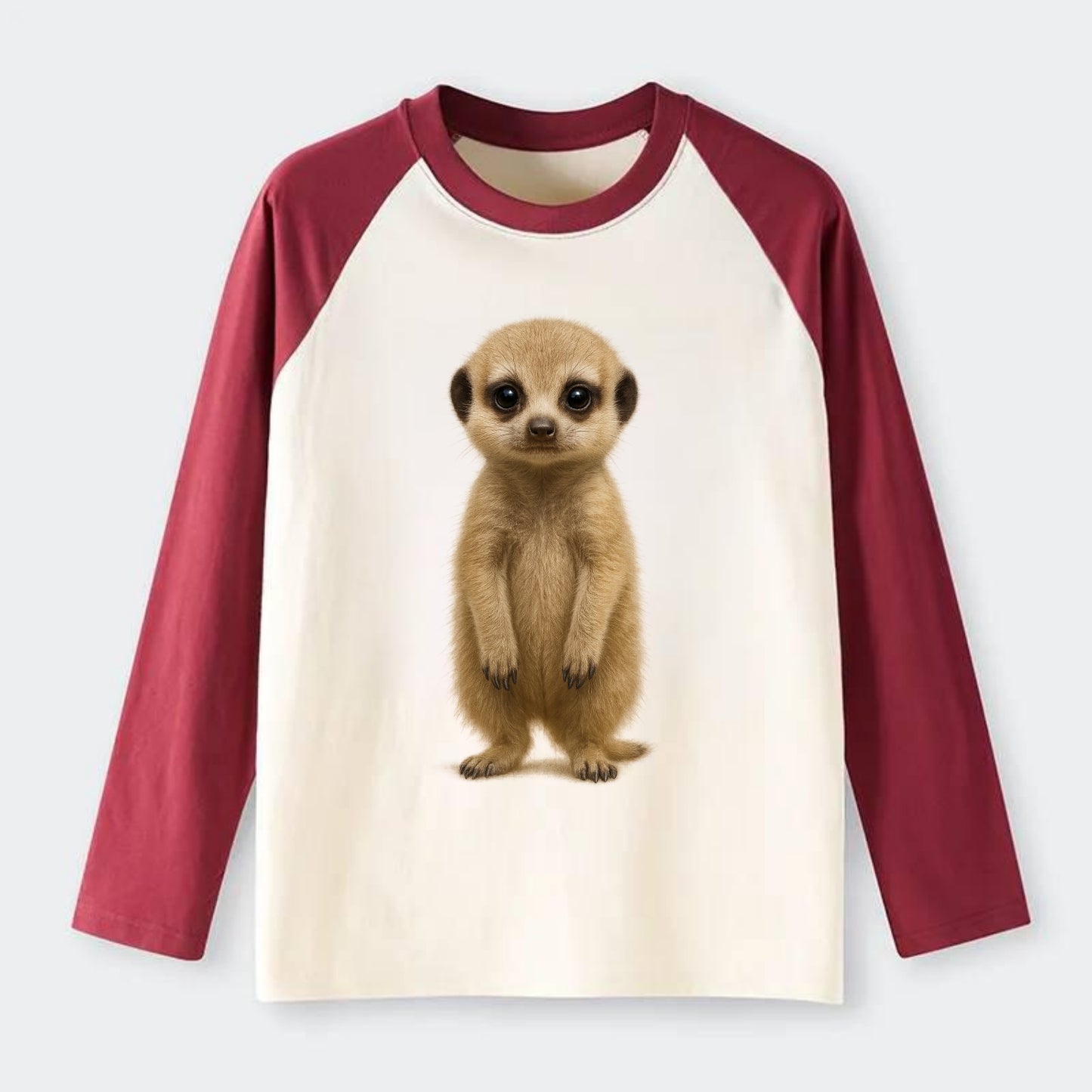 Baby Meerkat - tan fur, dark eye patches, alert stance, bright eyes, - Raglan Long Sleeve T-Shirt - Red