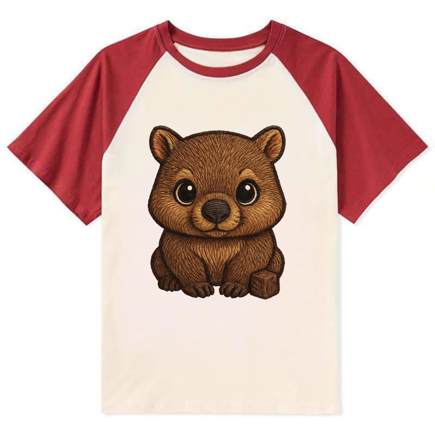 Baby Wombat - brown fur, square nose, small ears, dark eyes, - Contrast Raglan T-shirt - Red