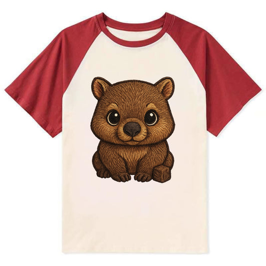 Baby Wombat - brown fur, square nose, small ears, dark eyes, - Contrast Raglan T-shirt - Red