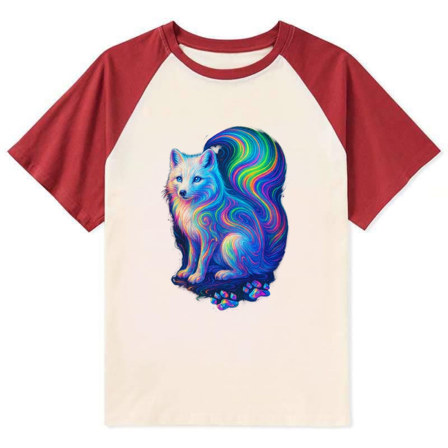 Graceful arctic fox with tail streaming aurora colors, white fur with - Contrast Raglan T-shirt - Red