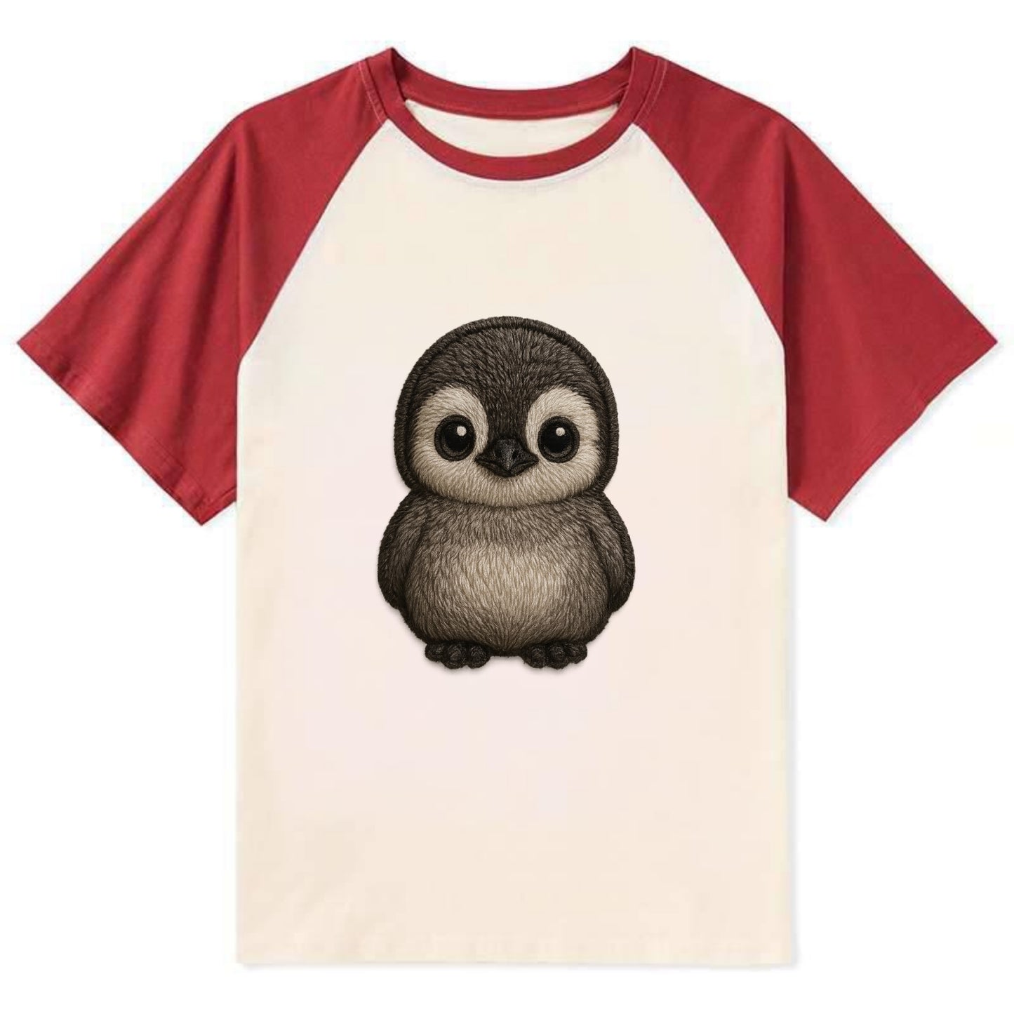 Baby Penguin Chick - gray fluffy, white face, round body, front-facing, - Contrast Raglan T-shirt - Red