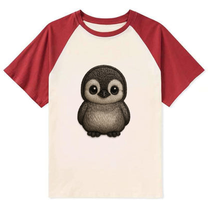 Baby Penguin Chick - gray fluffy, white face, round body, front-facing, - Contrast Raglan T-shirt - Red