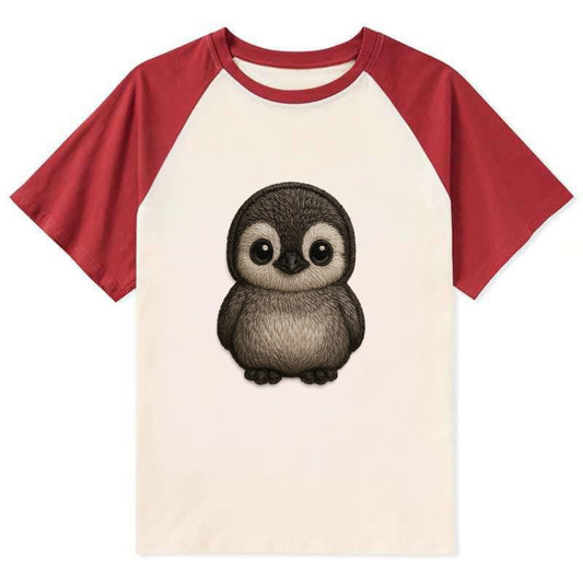 Baby Penguin Chick - gray fluffy, white face, round body, front-facing, - Contrast Raglan T-shirt - Red