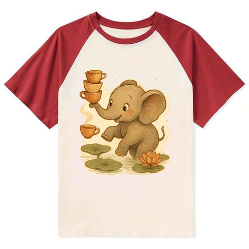 Elephant balancing teacups during a floating tea ceremony beside lotus - Contrast Raglan T-shirt