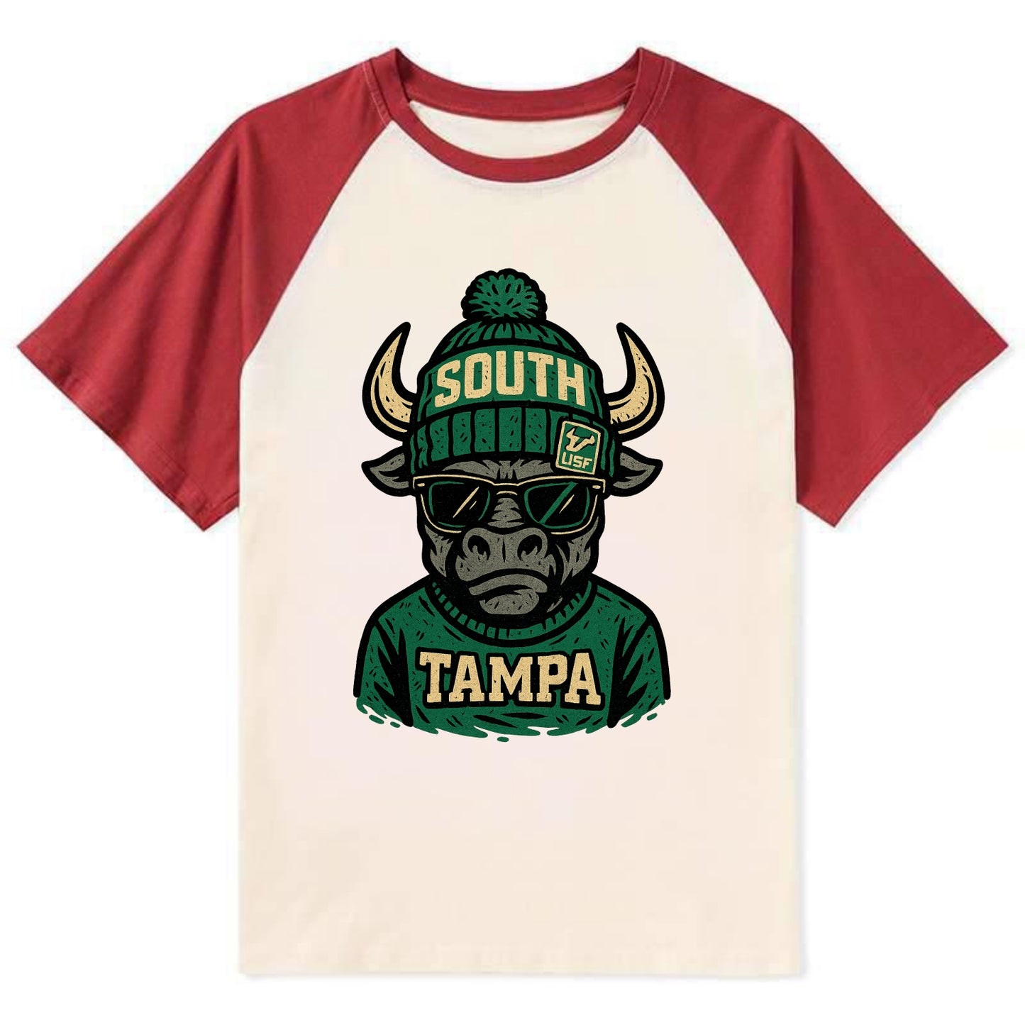 Tampa Bull wearing South Florida beanie with USF patch - Contrast Raglan T-shirt - Red