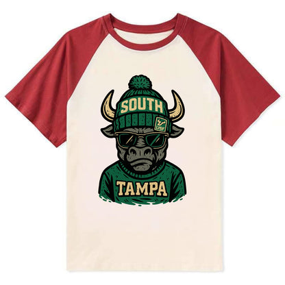 Tampa Bull wearing South Florida beanie with USF patch - Contrast Raglan T-shirt - Red