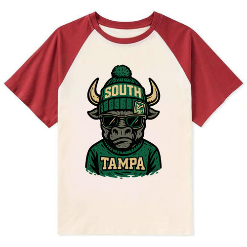 Tampa Bull wearing South Florida beanie with USF patch - Contrast Raglan T-shirt