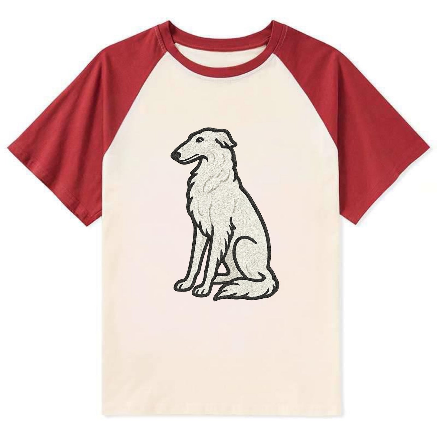 Borzoi - White embroidered sitting pose - Contrast Raglan T-shirt - Red