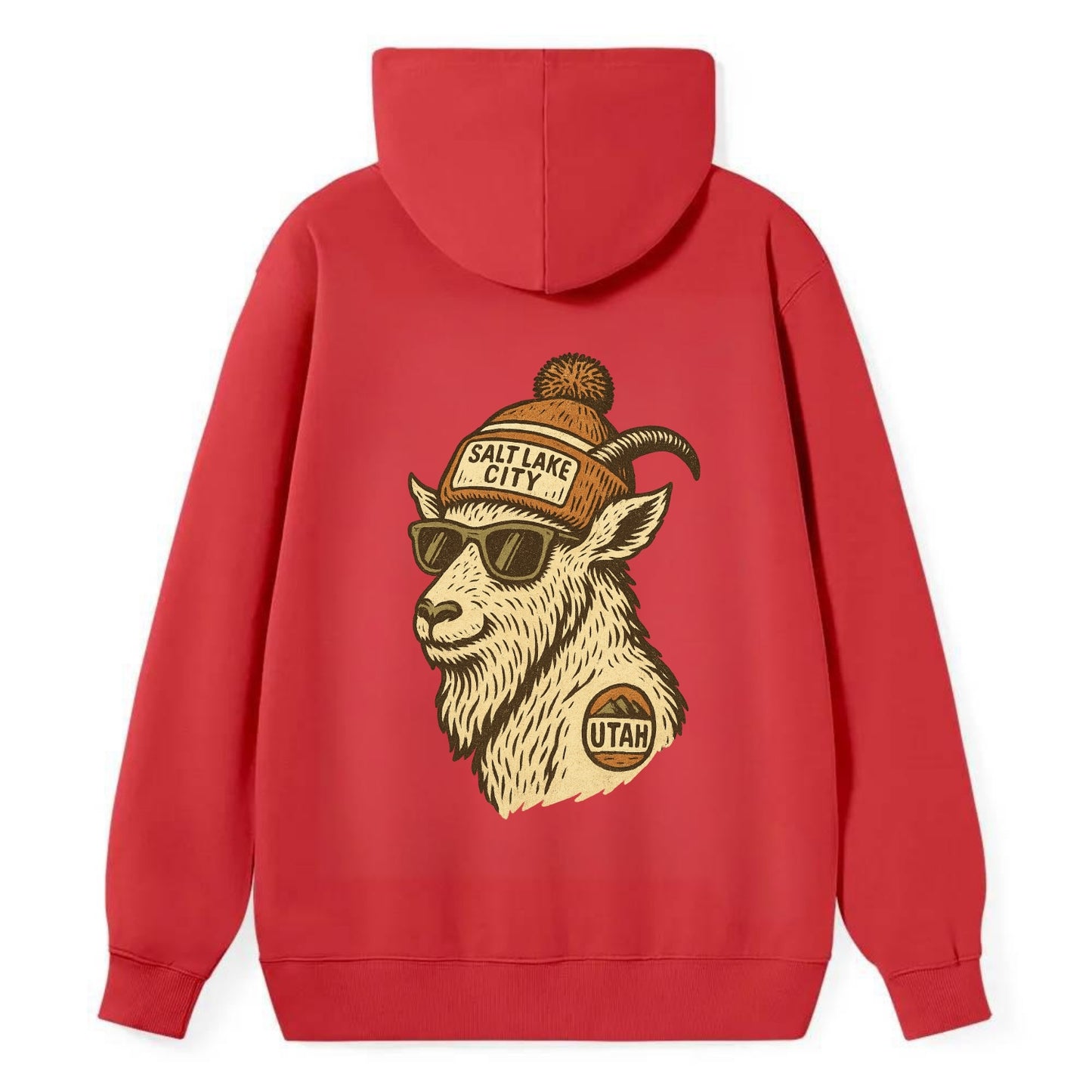 Utah Mountain Goat wearing Salt Lake City beanie with pom pom and - Classic Pullover Hoodie - Red