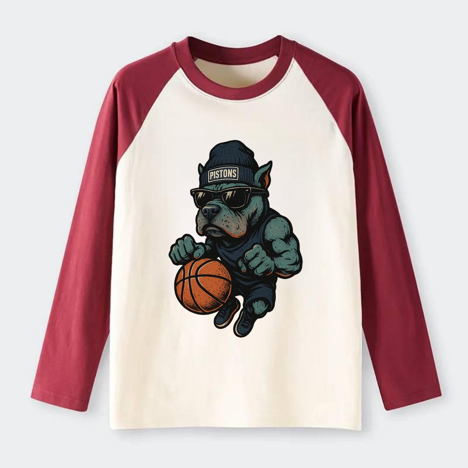 Detroit Pitbull wearing Pistons beanie with chrome patch and wayfarer - Raglan Long Sleeve T-Shirt - Red