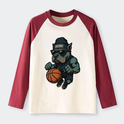 Detroit Pitbull wearing Pistons beanie with chrome patch and wayfarer - Raglan Long Sleeve T-Shirt - Red