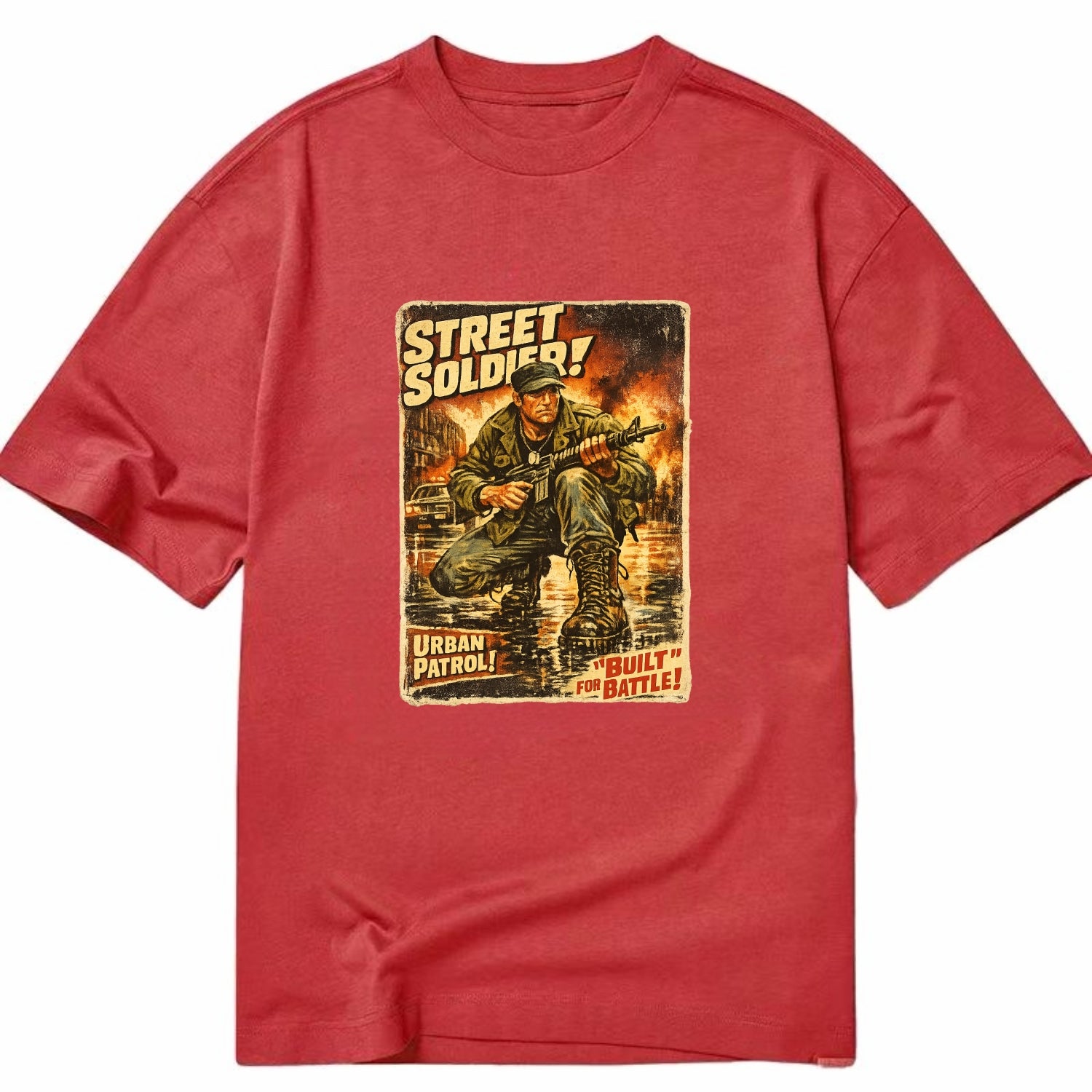 COMBAT READY | Military boots on wet pavement | Street soldier | Urban patrol | - Classic T-shirt - Red