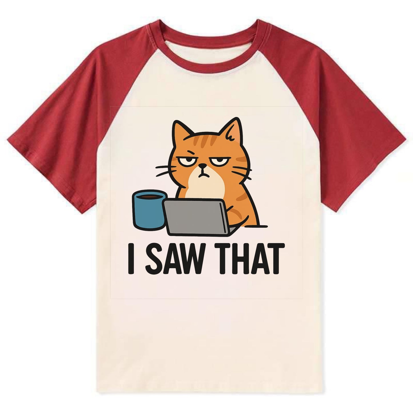 Cat with one eye open judging you - "I SAW THAT" - nothing escapes notice - Contrast Raglan T-shirt - Red