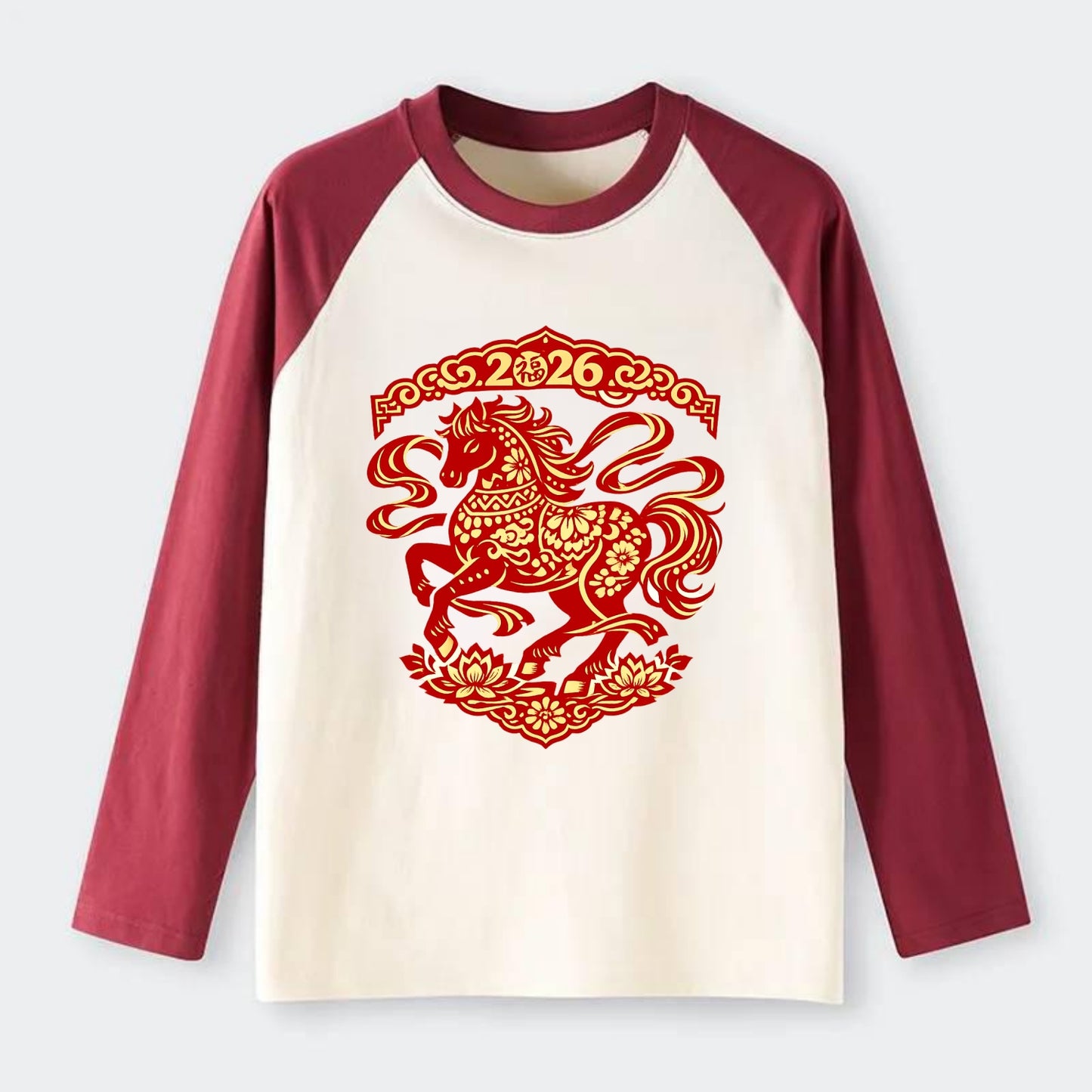 DANCING HORSE | Elegant prancing horse in motion | Graceful curved - Raglan Long Sleeve T-Shirt - Red