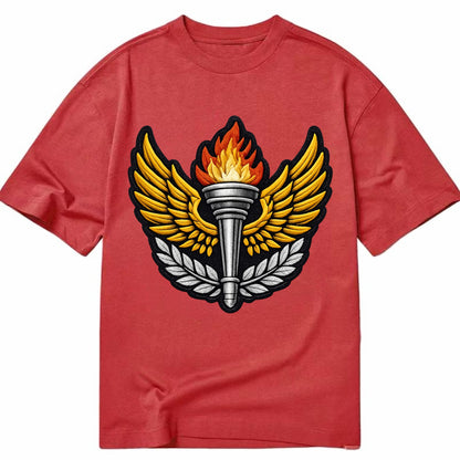 Embroidered patch design - TRACK AND FIELD TORCH - Olympic style torch with wings - Classic T-shirt - Red