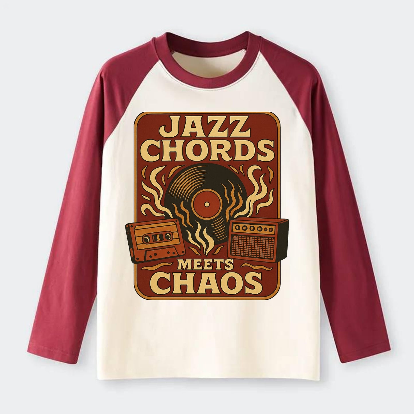 Jazz chords with hyperpop energy - "Jazz Meets Chaos" - unexpected - Raglan Long Sleeve T-Shirt - Red