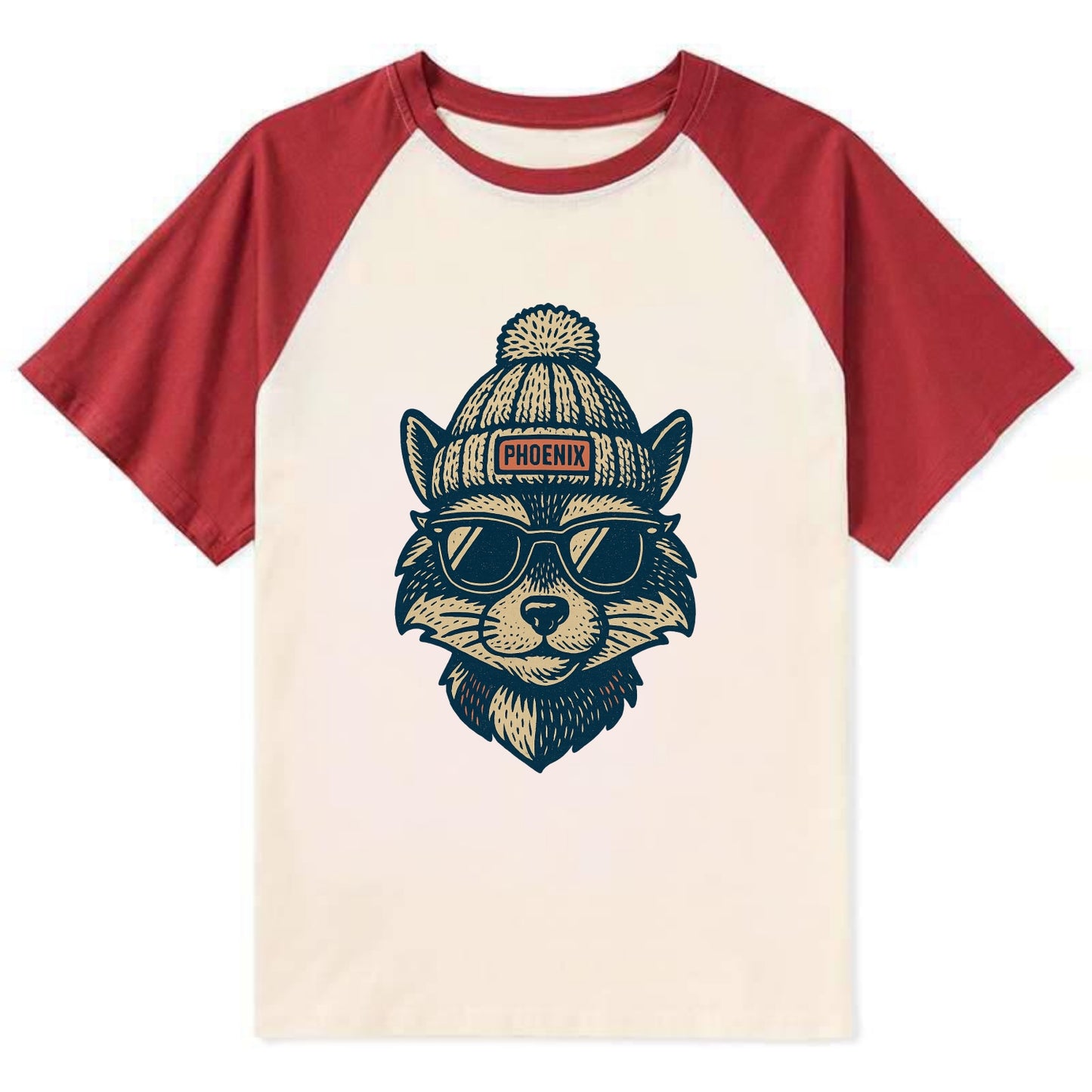 Arizona Ringtail wearing Phoenix beanie with pom pom and wayfarer - Contrast Raglan T-shirt - Red