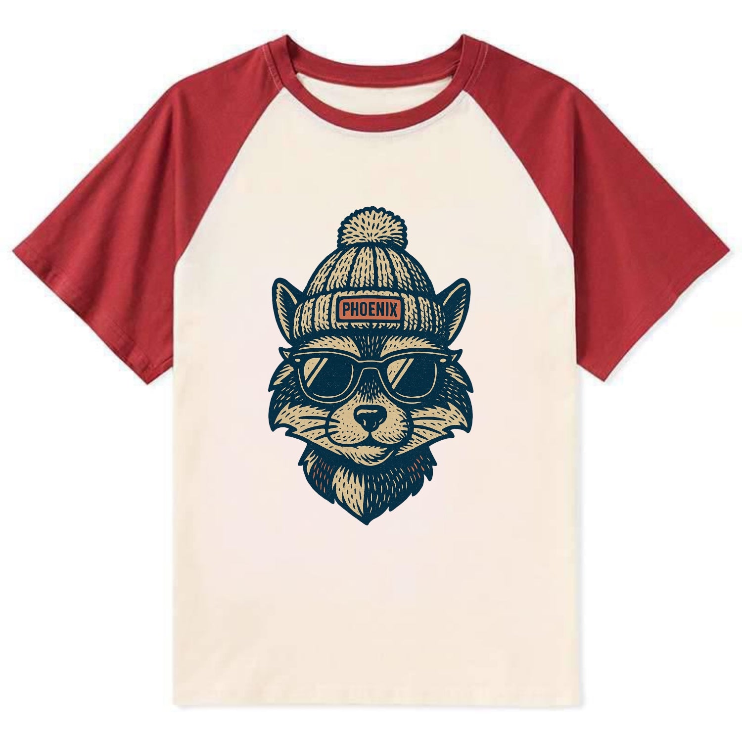 Arizona Ringtail wearing Phoenix beanie with pom pom and wayfarer - Contrast Raglan T-shirt - Red