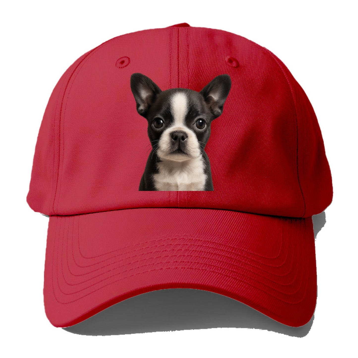 Baby Boston Terrier Puppy - tuxedo markings, big round eyes, bat ears, front-facing, - Baseball Cap - Red
