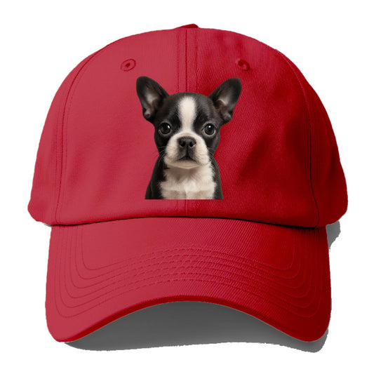 Baby Boston Terrier Puppy - tuxedo markings, big round eyes, bat ears, front-facing, - Baseball Cap - Red