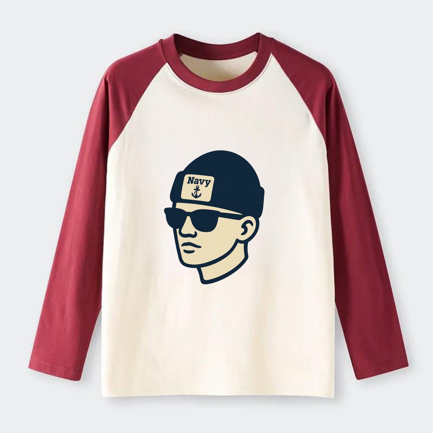 Annapolis Midshipman wearing Navy beanie with anchor patch - Raglan Long Sleeve T-Shirt - Red