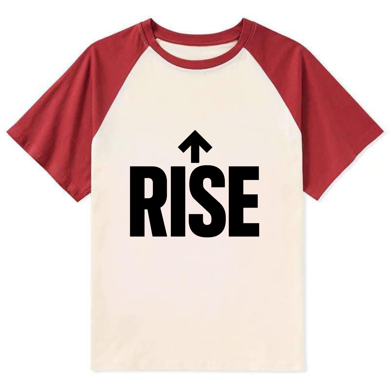 Bold typography design - "RISE" - getting up, ascending, elevating - Contrast Raglan T-shirt - Red