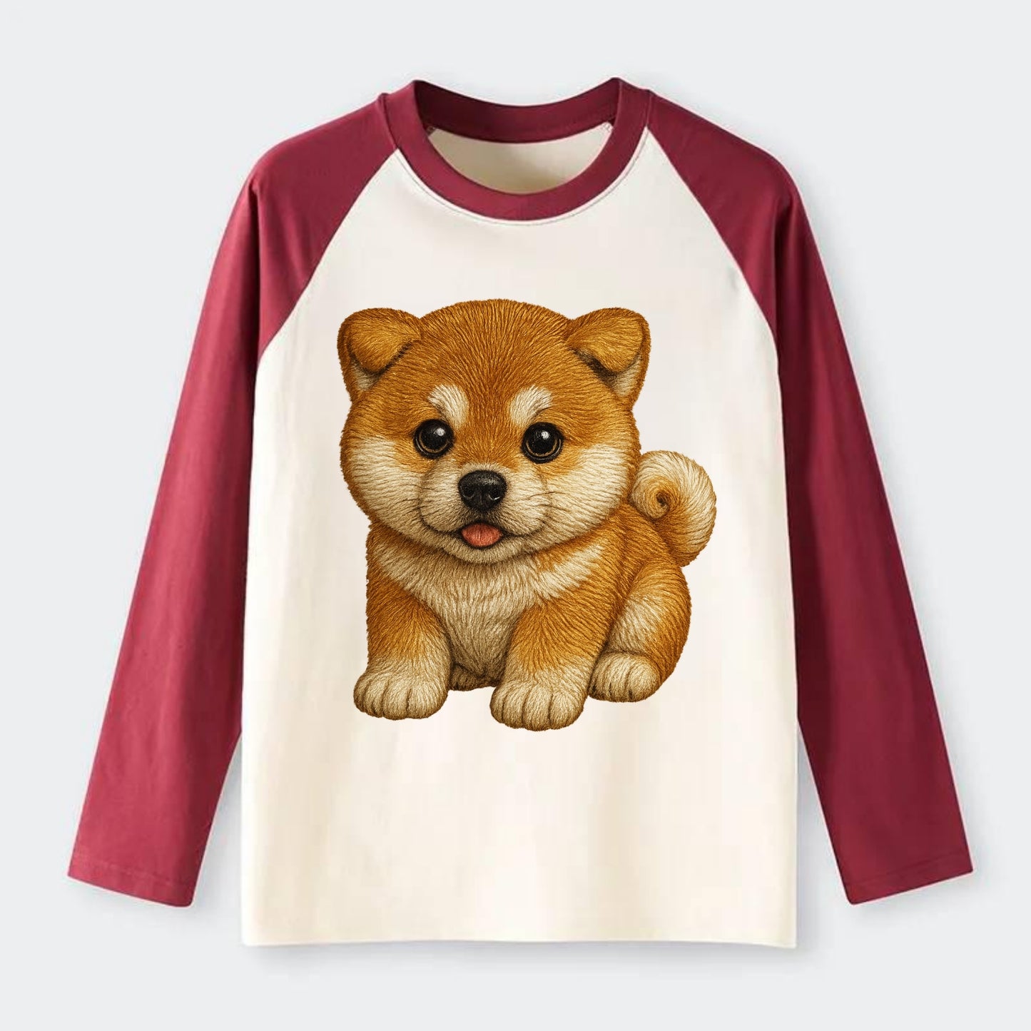 Baby Akita Puppy - fluffy bear-like, curled tail, dignified eyes, - Raglan Long Sleeve T-Shirt - Red