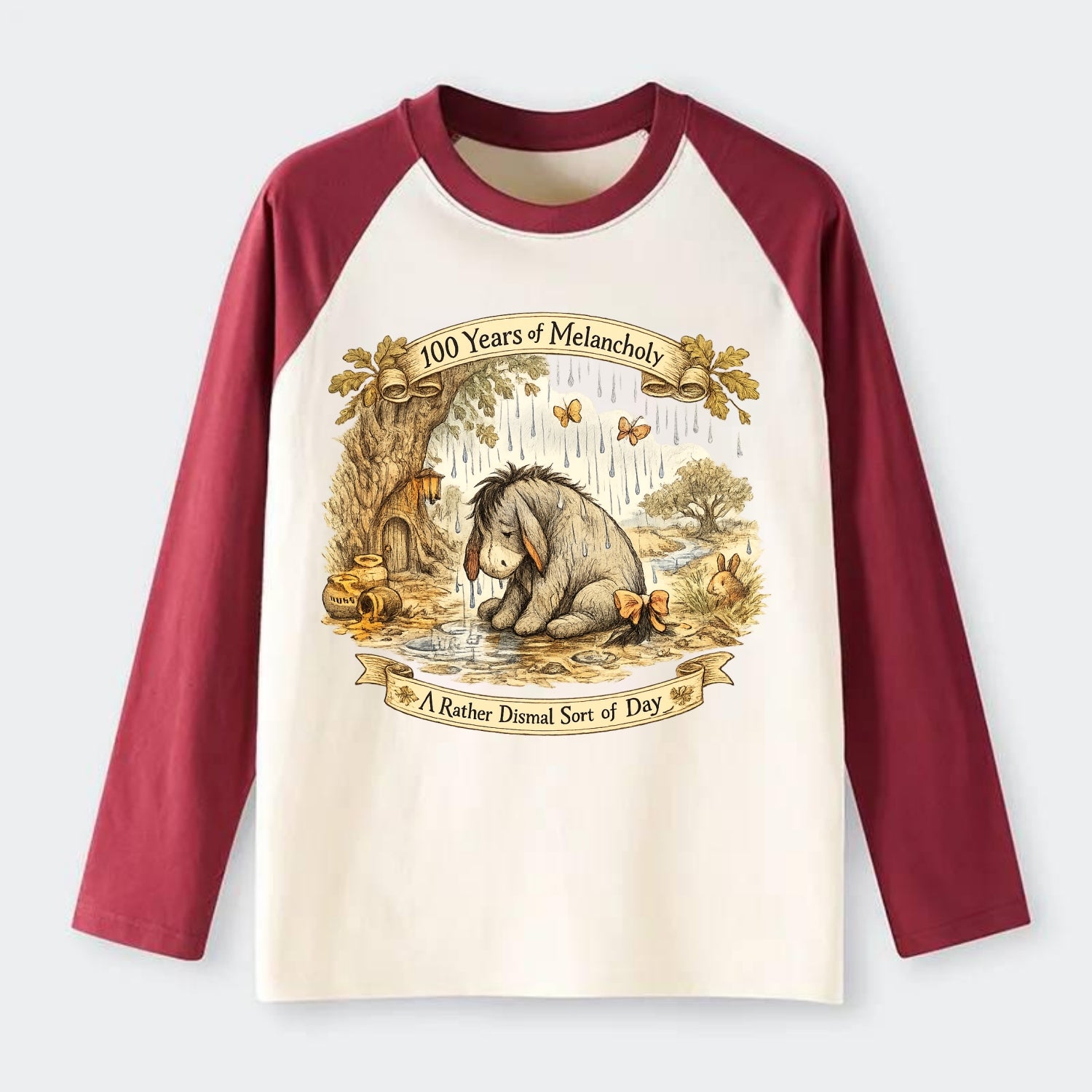 GLOOMY GLEN | Droopy figure in rain | Tattered tail bow | Pessimistic - Raglan Long Sleeve T-Shirt - Red