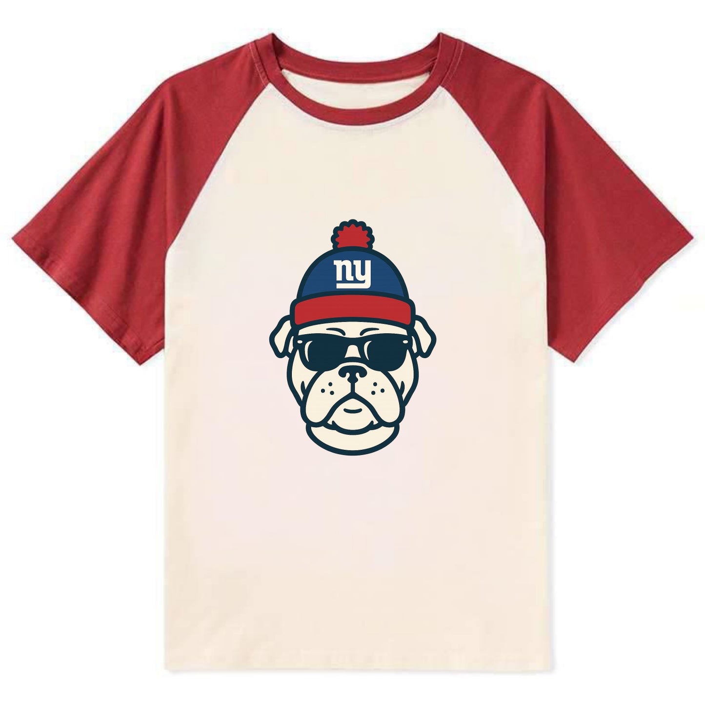 New York Bulldog wearing Giants blue and red beanie with pom pom and - Contrast Raglan T-shirt - Red