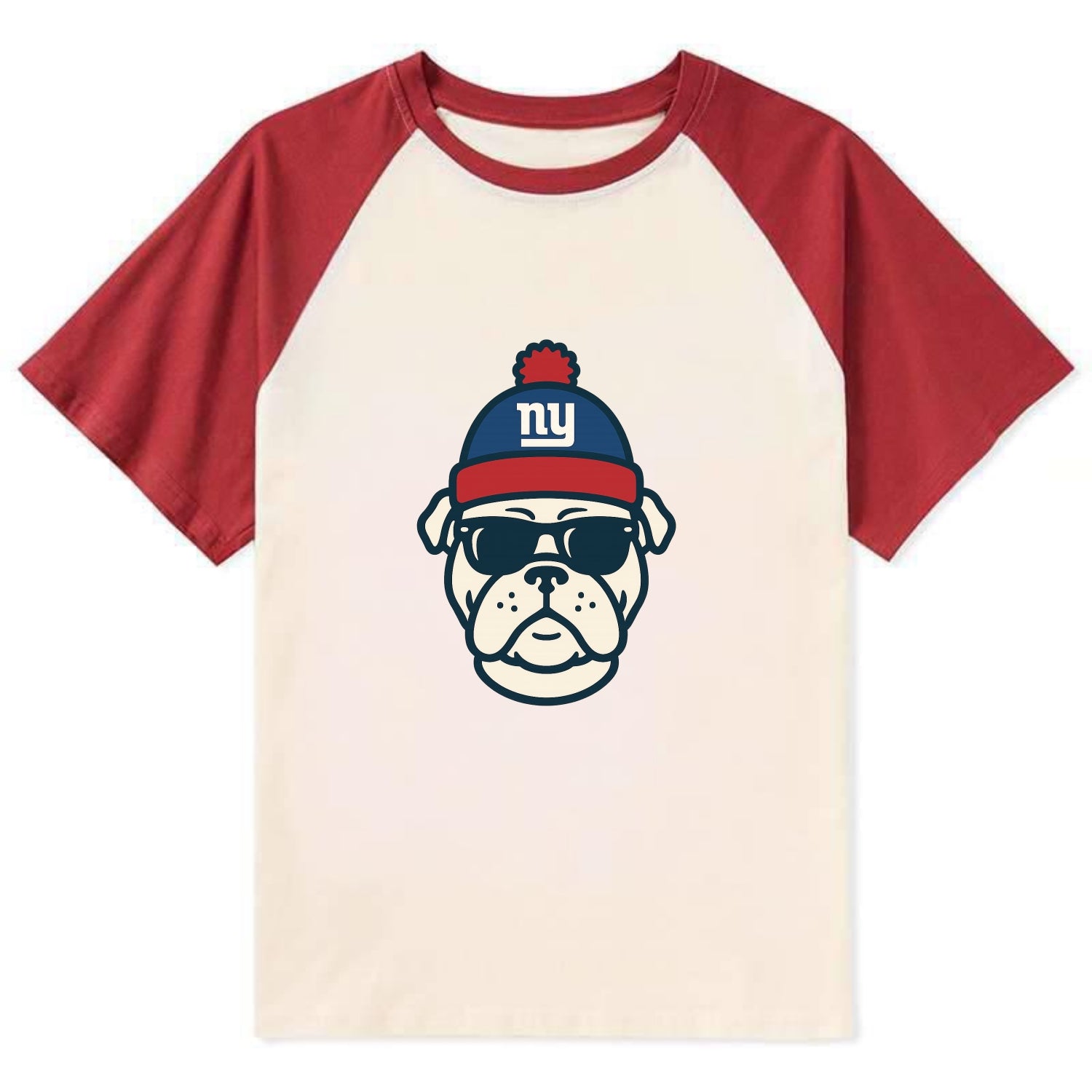 New York Bulldog wearing Giants blue and red beanie with pom pom and - Contrast Raglan T-shirt - Red