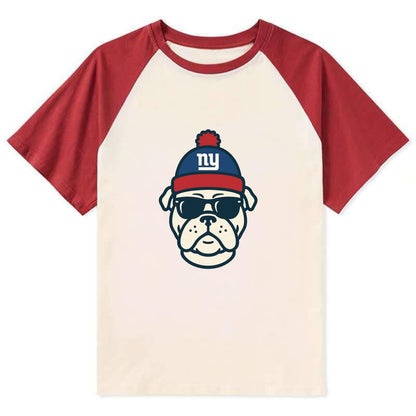New York Bulldog wearing Giants blue and red beanie with pom pom and - Contrast Raglan T-shirt - Red